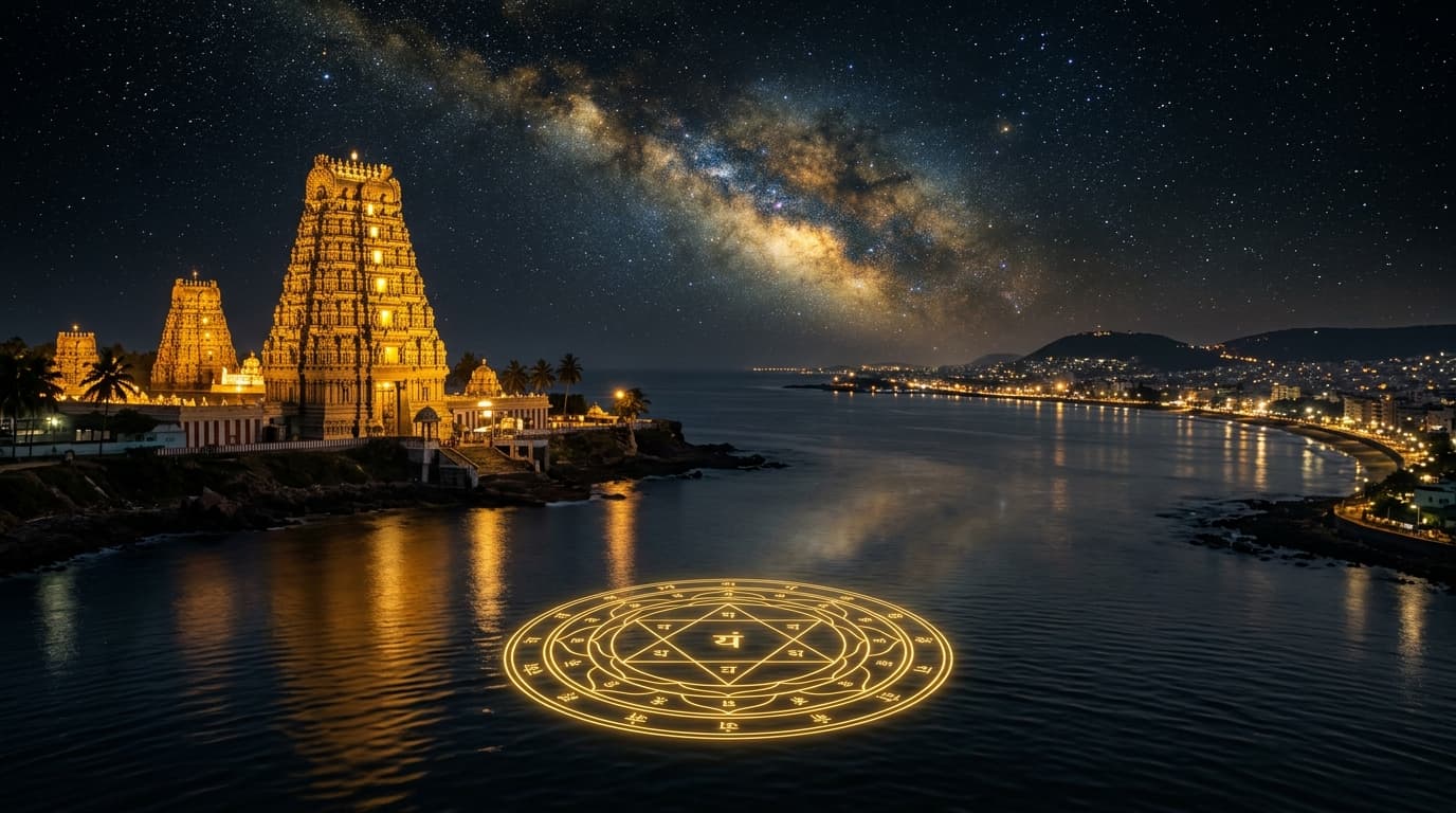 Visakhapatnam coastal night temple skyline
